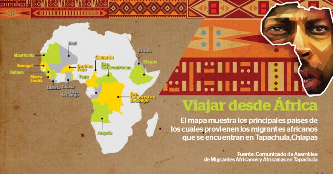 El mapa muestra los principales países de los cuales provienen los migrantes africanos que se encuentran en Tapachula, Chiapas